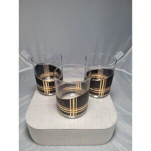 Rare 3 Mid Century Moden Culver Black & Gold Lowball Glasses 22k Gold
